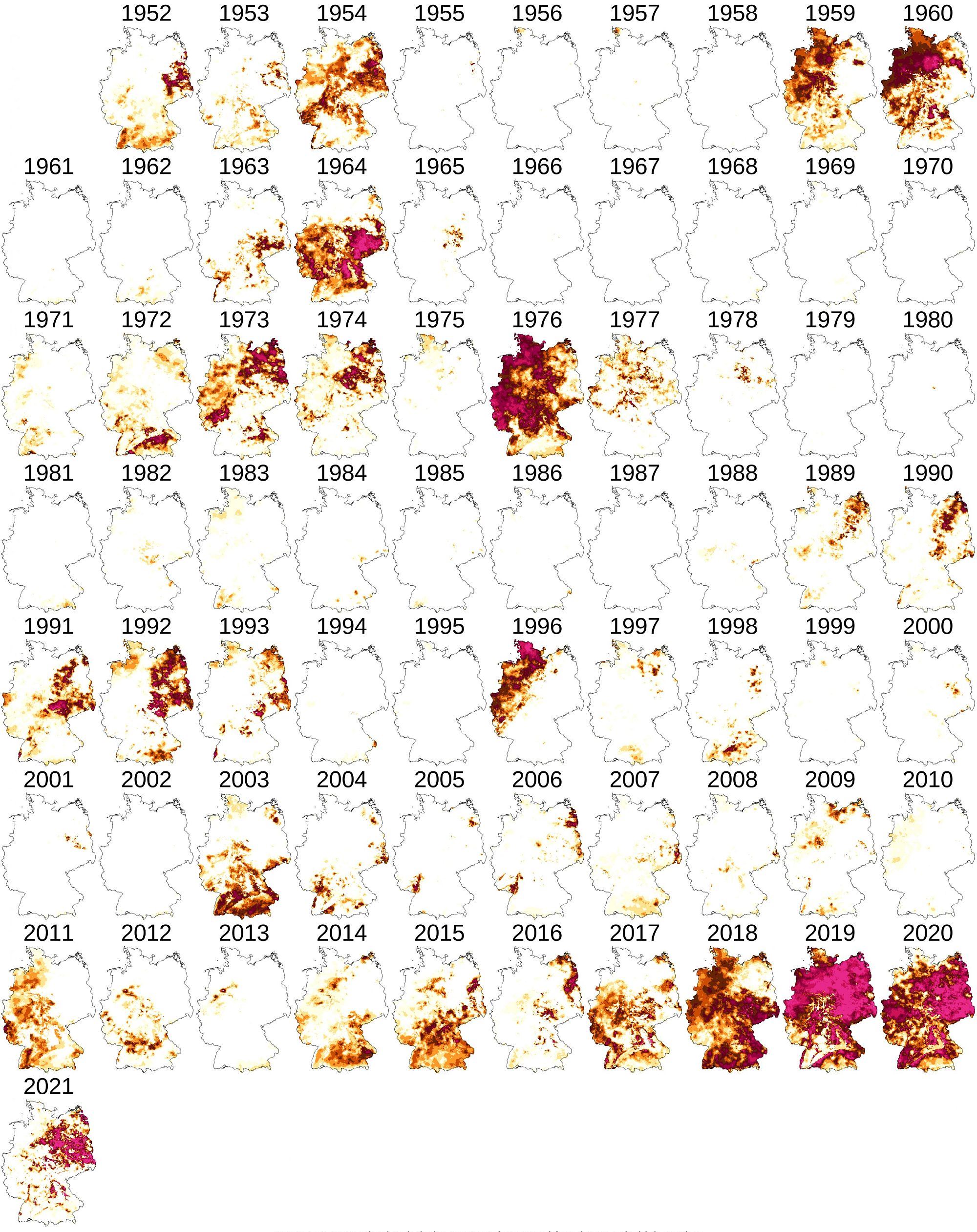Dürreintensitäten im Gesamtboden in der Vegetationsperiode April bis Oktober (1952 – 2021)